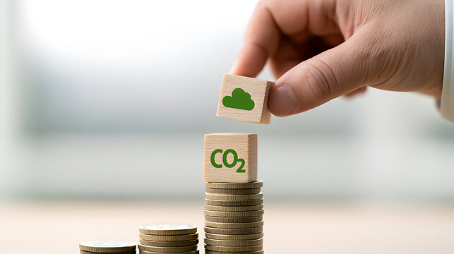 Carbon dioxide emission reduction concept with wooden block on coin stacks, environmental protection and green energy business project
