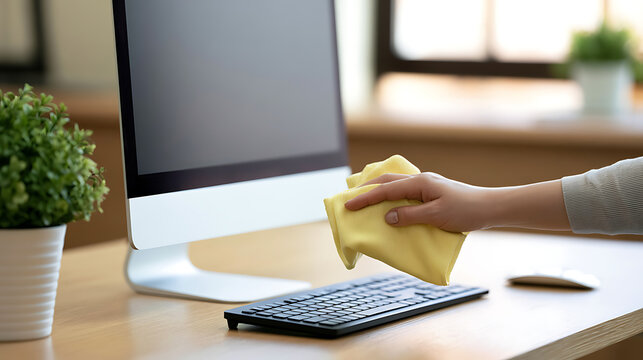 Close-up of a person hand wipe and clean office computer keyboard with yellow rag micro fiber cloth on wooden desk table interior room
