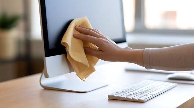 Close up person hand hold microfiber rag wipe dust computer monitor screen desk office workplace equipment hygiene care maintenance habit service