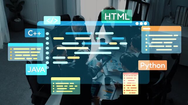 A diverse group of business professionals gathers in a modern office to collaborate on a coding project, utilizing various programming languages and technologies. Raster