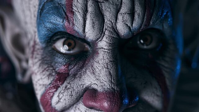 Intense horror clown close-up for Halloween and thriller content.