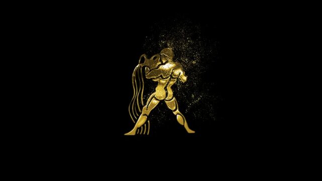 Aquarius horoscope sign in gold style with particles and stars, transparent background