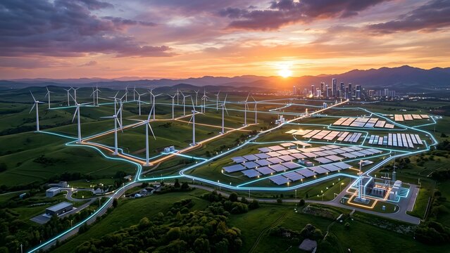 Futuristic renewable energy farm with wind turbines and solar panels connected by glowing lines to a city skyline at sunset