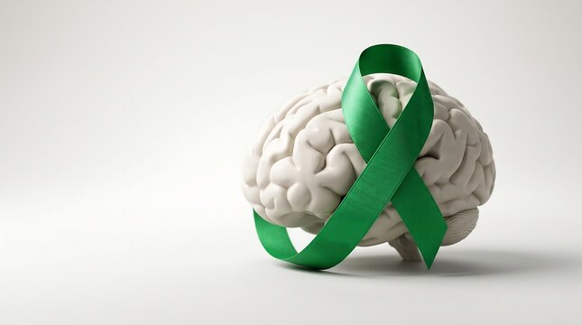 Human brain with green awareness ribbon for mental health and medical concept on clean white background for web design.