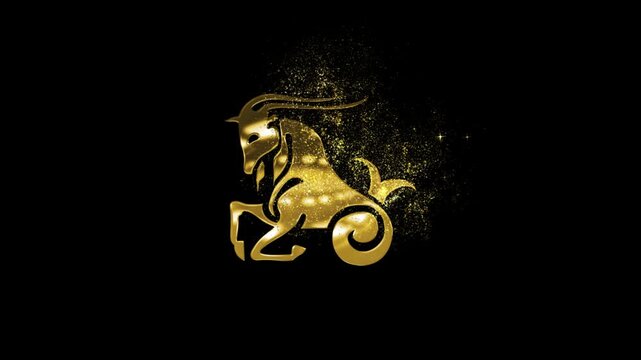 Capricorn horoscope sign in golden style with particles and stars, transparent background