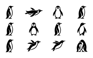 Black penguin silhouette icons set featuring diverse poses for wildlife branding and logo design templates. © Khan