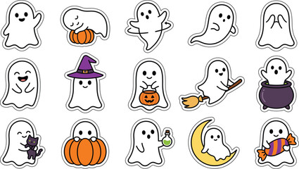 Fototapeta premium Collection of cute little white ghosts set for halloween celebration vector illustration