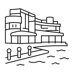 Obraz premium hand drwan icon of waterfront centre. Clean black hand drwan work, simple details, and open white space create a clear, balanced urban or lifestyle composition.