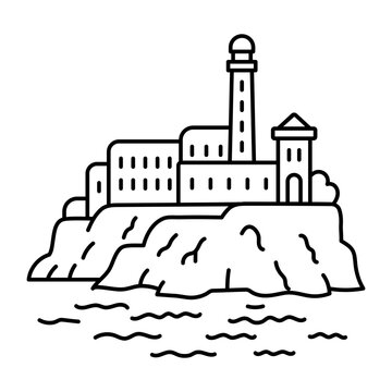 hand drwan icon showing alcatraz island. Clean black hand drwan work, simple details, and open white space create a clear, balanced urban or lifestyle composition.