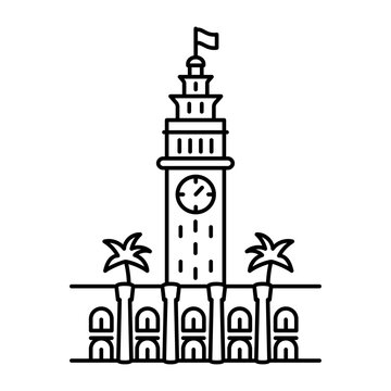 hand drwan icon showing ferry building. Clean black hand drwan work, simple details, and open white space create a clear, balanced urban or lifestyle composition.