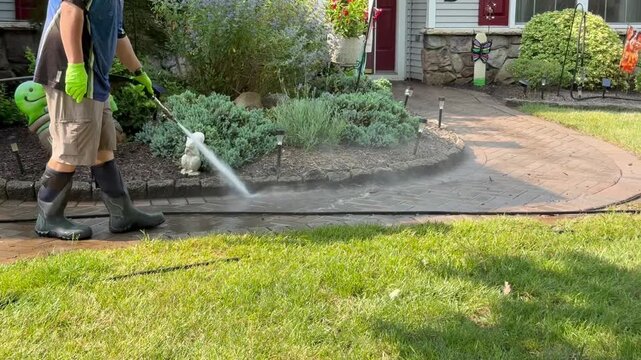 Handyman holding long wand and power washing a brick walkway leading to the front door of a house