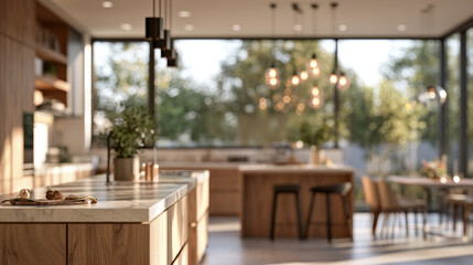Fototapeta premium Modern Kitchen Interior with Wooden Cabinets, Marble Countertop and Bright Natural Lighting