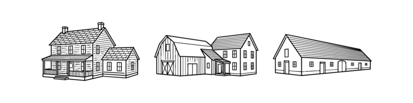 Vintage line art illustration of traditional farm buildings including a farmhouse and barns. Minimalist black and white architectural sketch set for rural and historical design projects.