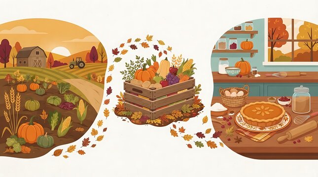 Autumn Farm to Table Process Illustration with Fields and Kitchen