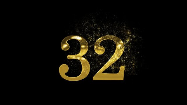 Banner of golden number 32 made of golden particles and transparent background, thirty two