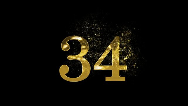 Banner of golden number 34 made of golden particles and transparent background, thirty four