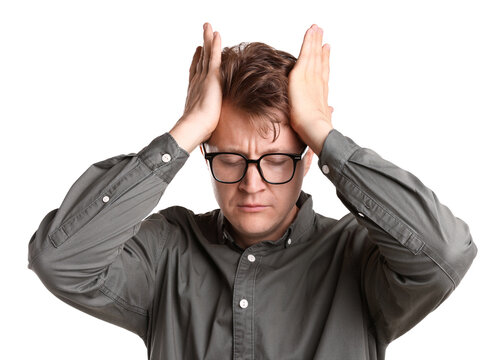 Tired man in glasses suffering from stress on white background