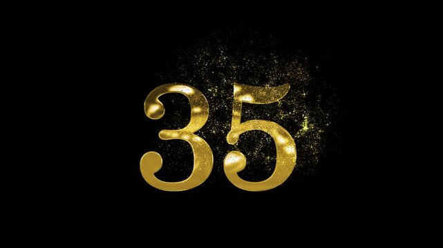 Banner of golden number 35 made of golden particles and transparent background, thirty five