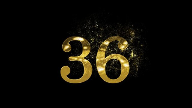 Banner of golden number 36 made of golden particles and transparent background, thirty six
