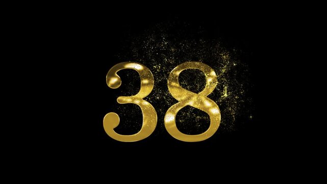 Banner of golden number 38 made of golden particles and transparent background, thirty eight