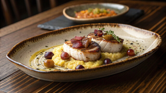 Photorealistic roasted monkfish wrapped in crisp prosciutto with saffron puree, charred grapes and caper butter on a coastal table