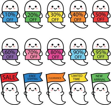 Cute halloween ghost sale icon set with cartoon phantom discount labels from ten to ninety five percent off, AI-generated illustration