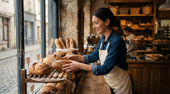 Baker arranging fresh artisan bread in a charming bakery storefront