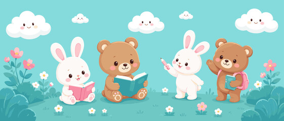 Obraz premium Cute cartoon bears and bunnies enjoying outdoor learning and playtime