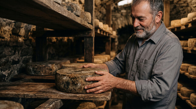 Artisan cheesemaker inspects aged cheese wheels in a rustic cellar