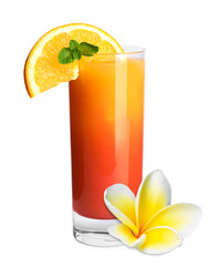 Tasty refreshing cocktail and plumeria flower on white background © New Africa