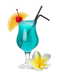 Refreshing cocktail and plumeria flower on white background © New Africa