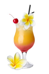 Refreshing cocktail and plumeria flower on white background © New Africa