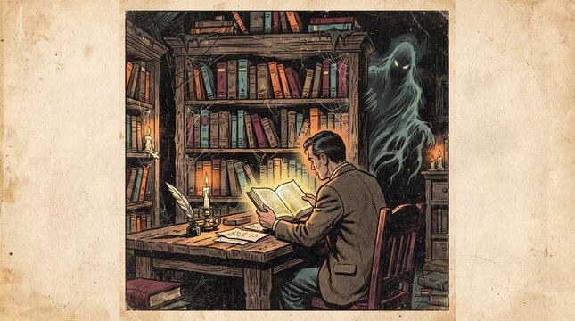 Haunted library interior with a mysterious ghost and glowing book in a nostalgic vintage Halloween comic style.