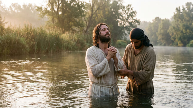John the Baptist baptizing Jesus in the Jordan River at sunrise