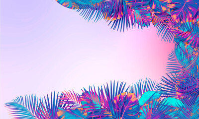 Obraz premium Vibrant neon tropical leaves against color gradient background, banner design. Space for text