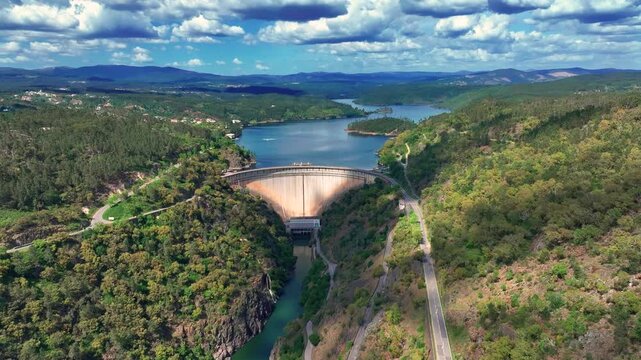 Aerial view of Castelo de Bode dam on Zezere river in Portugal