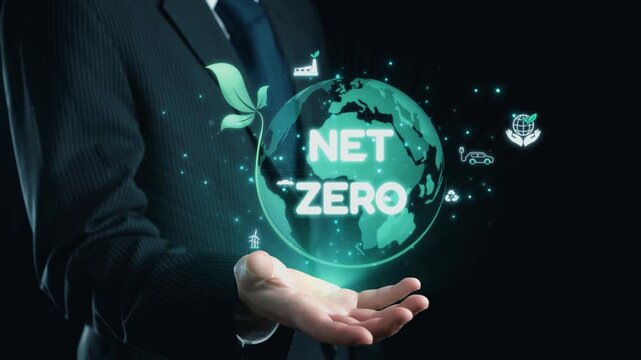 A professional individual holds a glowing globe representing net zero emissions. Surrounding icons symbolize eco-friendly concepts and innovations in sustainability. Qubit