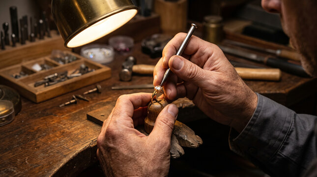 Jeweler meticulously crafts a diamond ring using specialized tools at a workbench