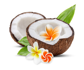 Coconut, plumeria flowers and green leaves isolated on white © New Africa