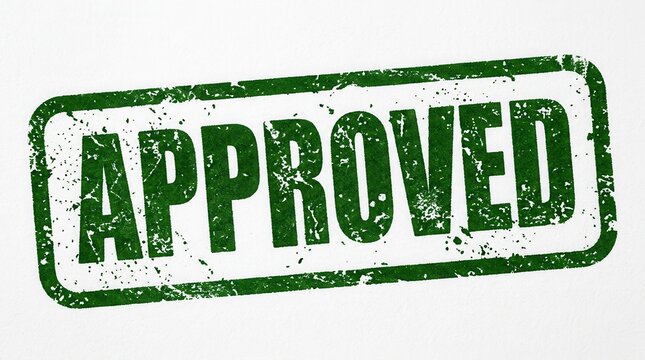 Green approved rubber stamp with a grunge texture effect on white background