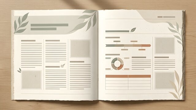 Digital illustration of an open magazine spread with infographics and text placeholders, featuring botanical elements.