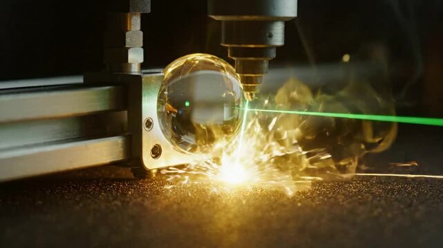 Industrial laser cutting and engraving process with precision green beam and sparks manufacturing