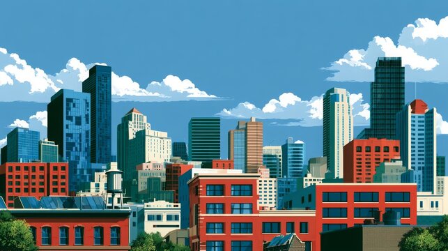 Daytime urban cityscape featuring modern buildings, streets, and architectural elements in a clean and colorful vector illustration style, suitable for city, travel, business.
