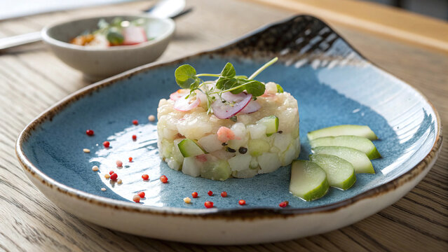 Photorealistic scallop tartare with crisp apple, finger lime, cucumber gel, celery and nori on a refined Japanese table