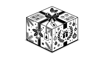 Obraz premium Isometric black and white Christmas gift box delivery parcel with holiday decorations and shipping labels