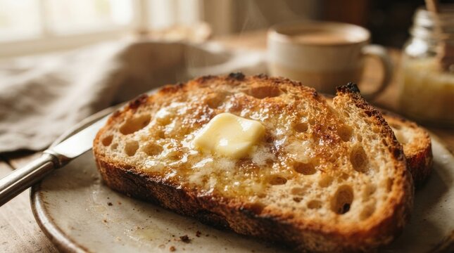 Close Up of Toasted Artisan Bread with Melting Butter Served for Breakfast