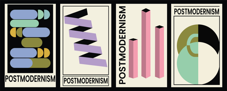 Postmodernism abstract poster set with 3D isometric columns, geometric shapes, and brutalist typography layout
