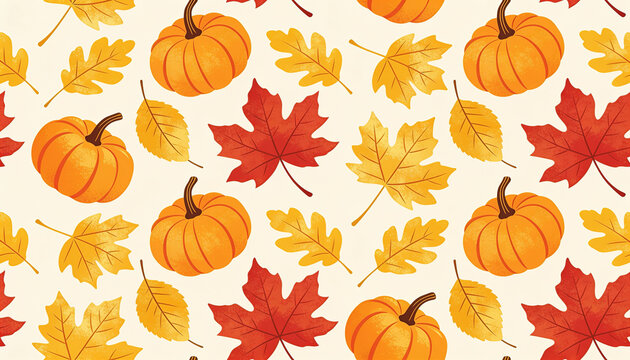Seamless autumn fall pumpkin pattern, Orange yellow red maple leaves, Thanksgiving seasonal foliage background, Vintage harvest holiday wallpaper, Minimal watercolor floral graphic decoration design.