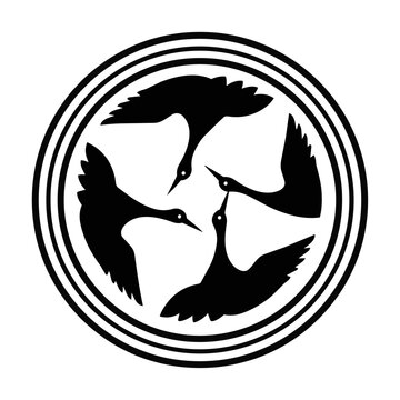 Symmetric Japanese kamon crest with three stylized crane silhouettes in a circular arrangement, minimalist graphic design concept