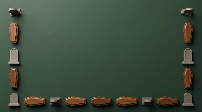 Halloween themed border with coffins and tombstones on a dark green background